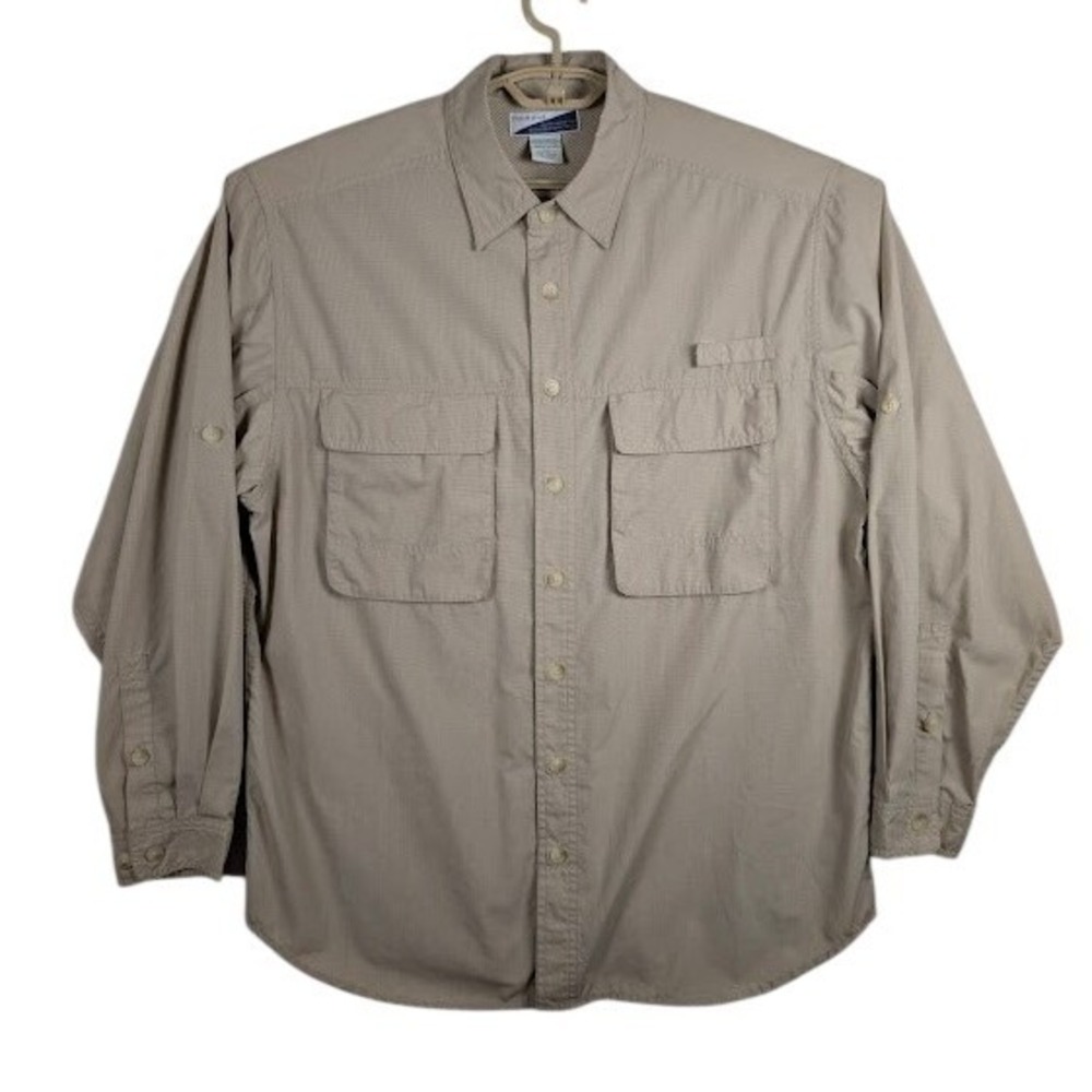 ExOfficio Insect Shield Fishing Shirt Mens L Khaki Tan Vented Long Sleeve EUC